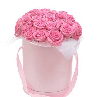 Купить 25  розовых роз в шляпной коробке