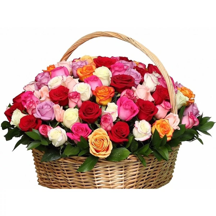 Букет из 75 роз в корзине (белые, розовые)
