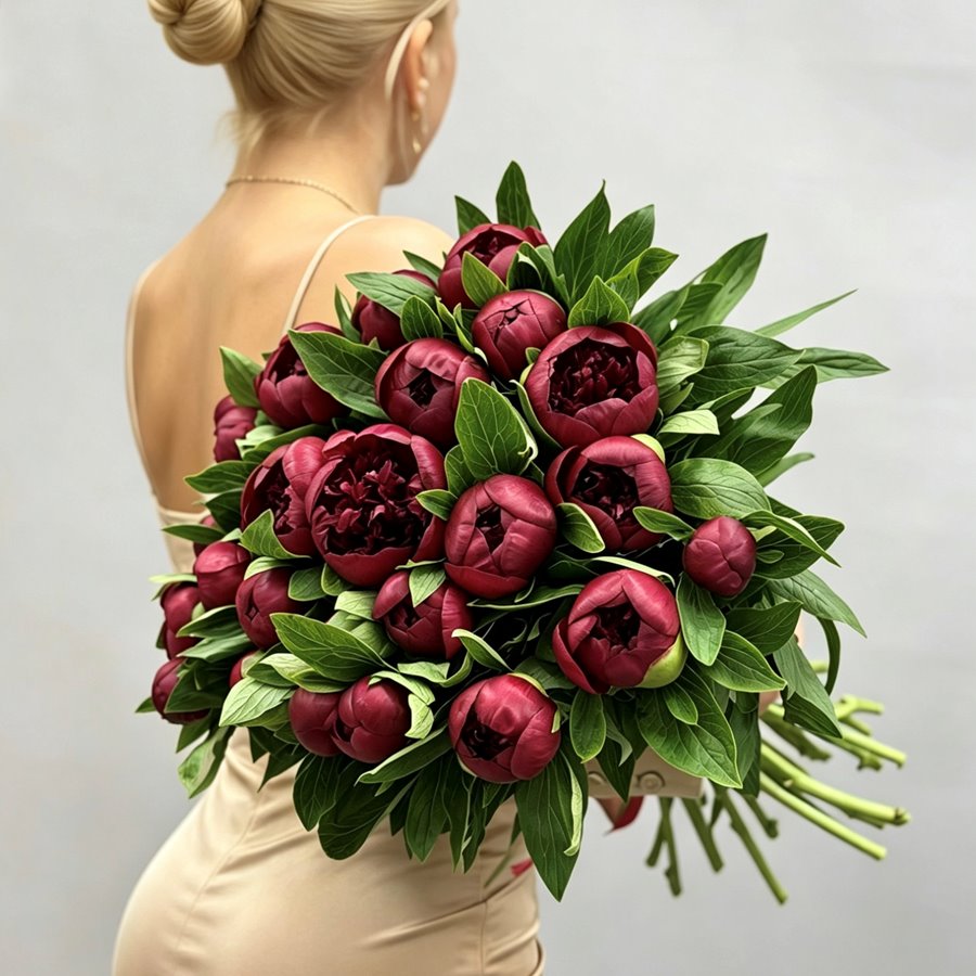 25 бордовых пионов Ред Шарм