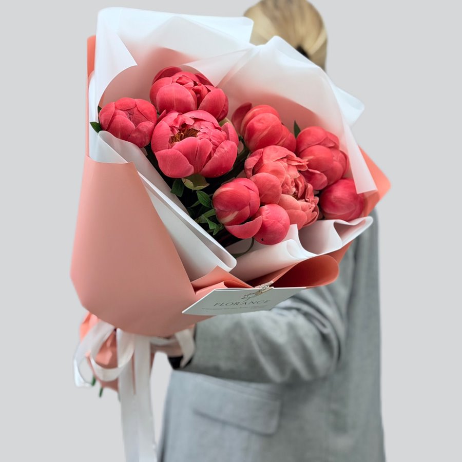 Букет из 9 коралловых пионов Coral Sunset Premium