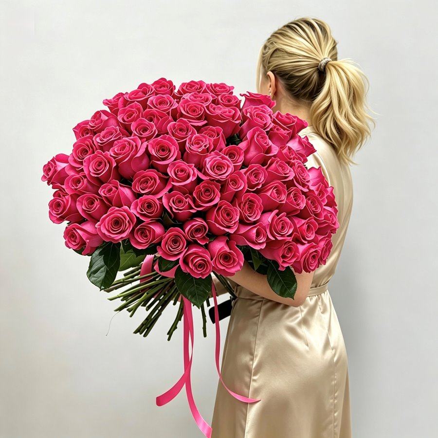 Букет 75 розовых роз 50 см
