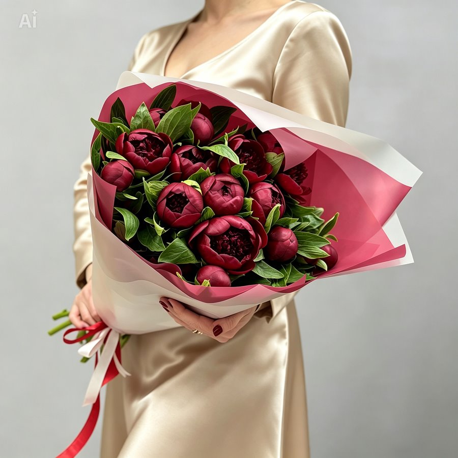 15 бордовых пионов Ред Шарм